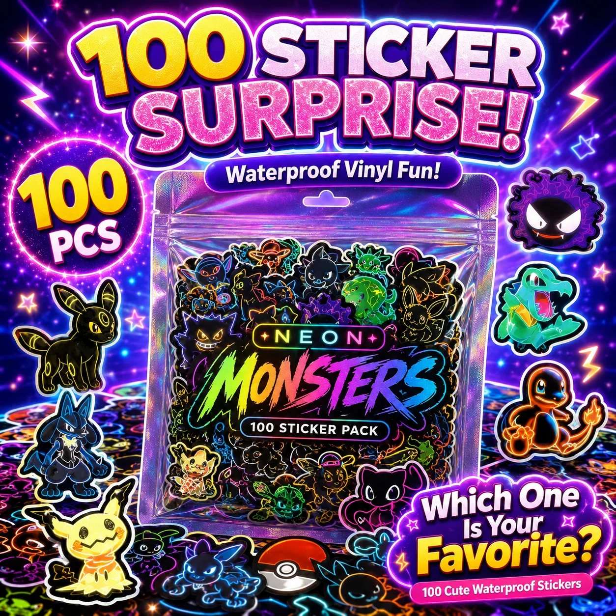Luggage - 100 buah stiker Pokémon neon, tahan